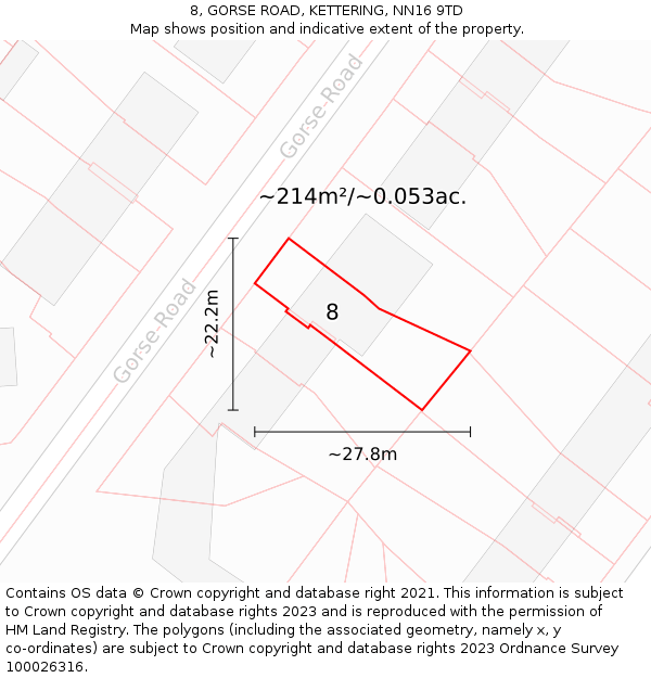 8, GORSE ROAD, KETTERING, NN16 9TD: Plot and title map