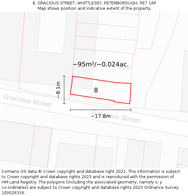 8, GRACIOUS STREET, WHITTLESEY, PETERBOROUGH, PE7 1AP: Plot and title map