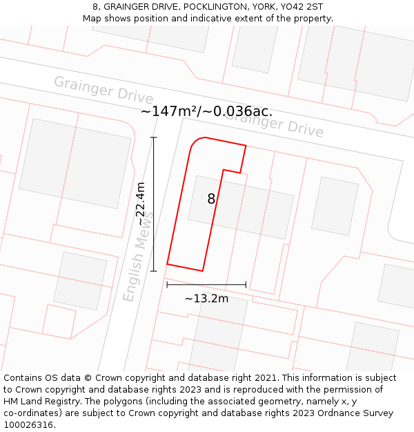 8, GRAINGER DRIVE, POCKLINGTON, YORK, YO42 2ST: Plot and title map