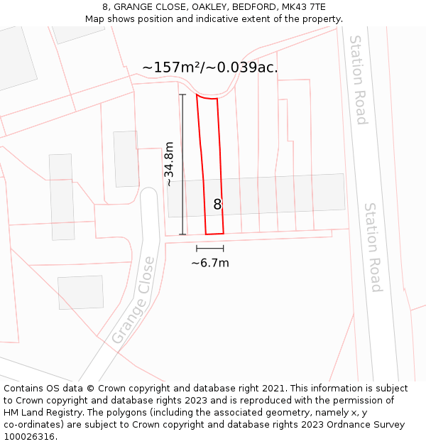 8, GRANGE CLOSE, OAKLEY, BEDFORD, MK43 7TE: Plot and title map