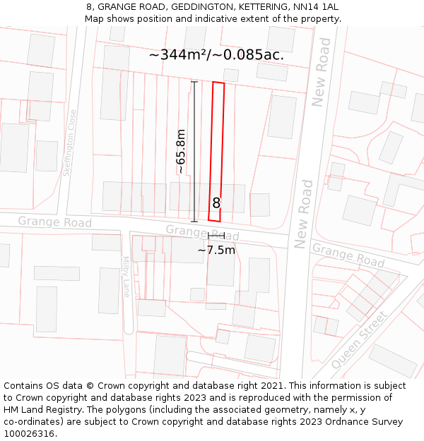 8, GRANGE ROAD, GEDDINGTON, KETTERING, NN14 1AL: Plot and title map