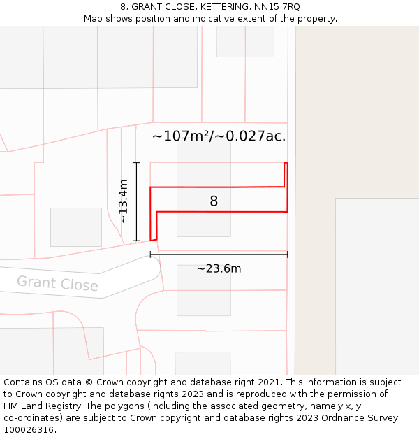 8, GRANT CLOSE, KETTERING, NN15 7RQ: Plot and title map
