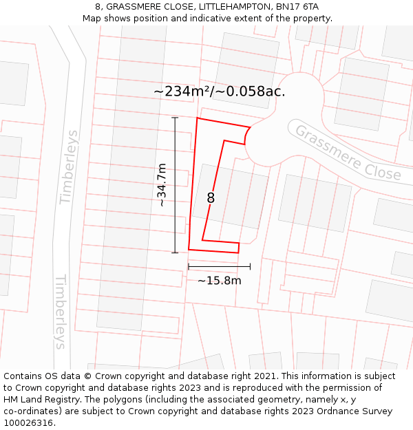 8, GRASSMERE CLOSE, LITTLEHAMPTON, BN17 6TA: Plot and title map
