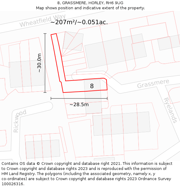 8, GRASSMERE, HORLEY, RH6 9UG: Plot and title map