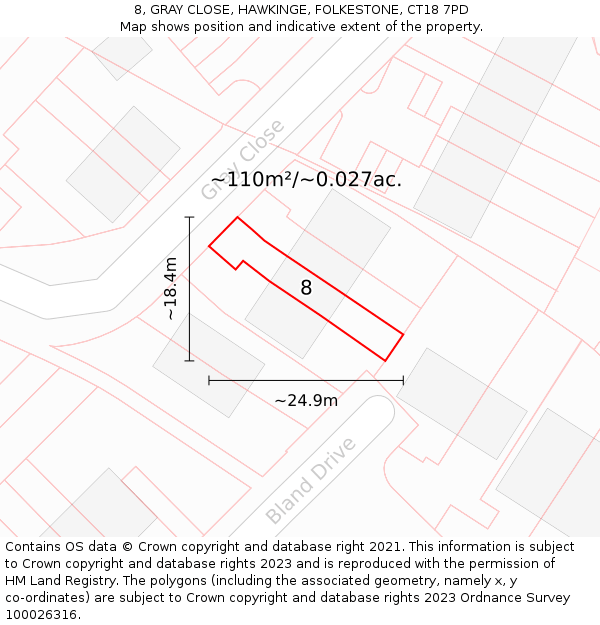 8, GRAY CLOSE, HAWKINGE, FOLKESTONE, CT18 7PD: Plot and title map