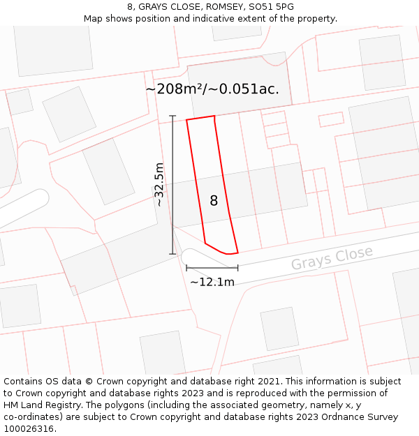 8, GRAYS CLOSE, ROMSEY, SO51 5PG: Plot and title map
