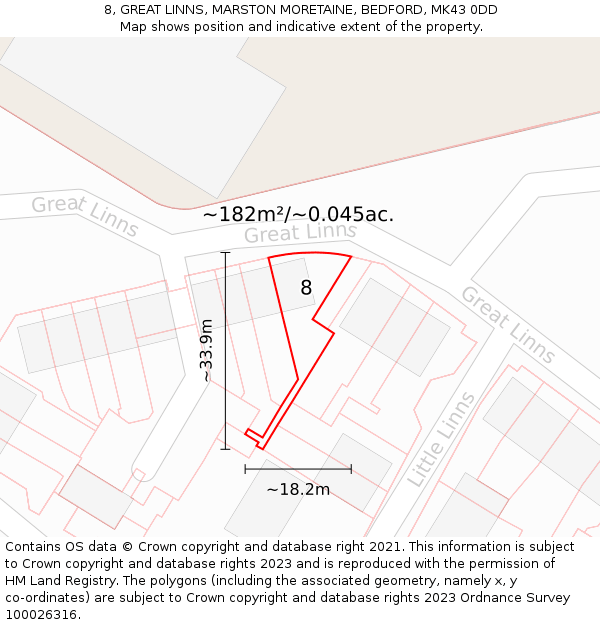 8, GREAT LINNS, MARSTON MORETAINE, BEDFORD, MK43 0DD: Plot and title map