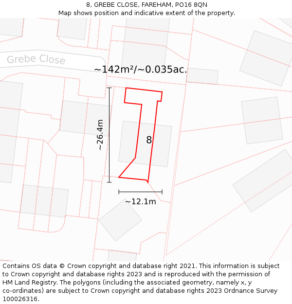 8, GREBE CLOSE, FAREHAM, PO16 8QN: Plot and title map