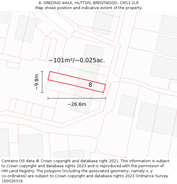 8, GREDING WALK, HUTTON, BRENTWOOD, CM13 2UF: Plot and title map