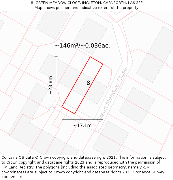 8, GREEN MEADOW CLOSE, INGLETON, CARNFORTH, LA6 3FE: Plot and title map
