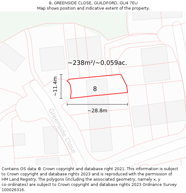 8, GREENSIDE CLOSE, GUILDFORD, GU4 7EU: Plot and title map