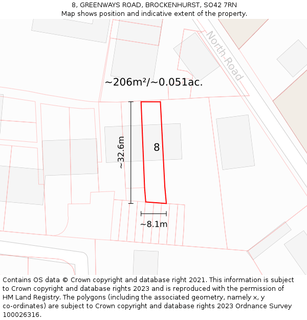 8, GREENWAYS ROAD, BROCKENHURST, SO42 7RN: Plot and title map