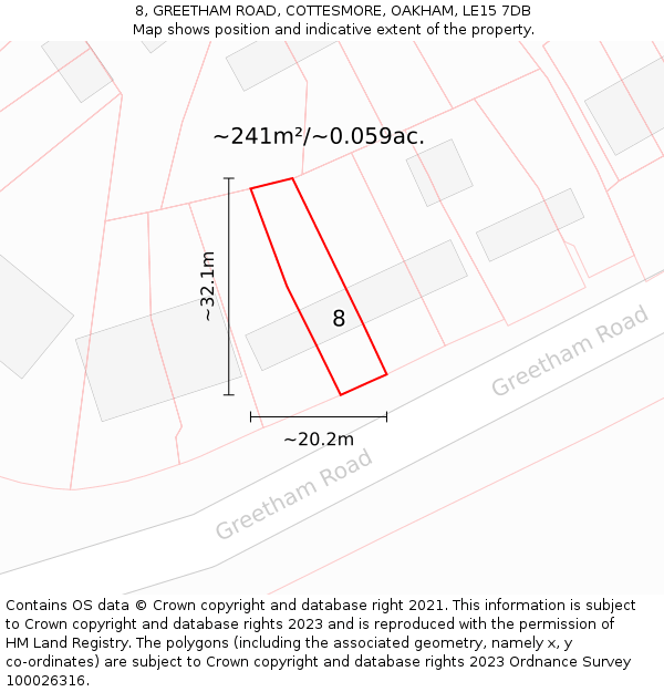 8, GREETHAM ROAD, COTTESMORE, OAKHAM, LE15 7DB: Plot and title map