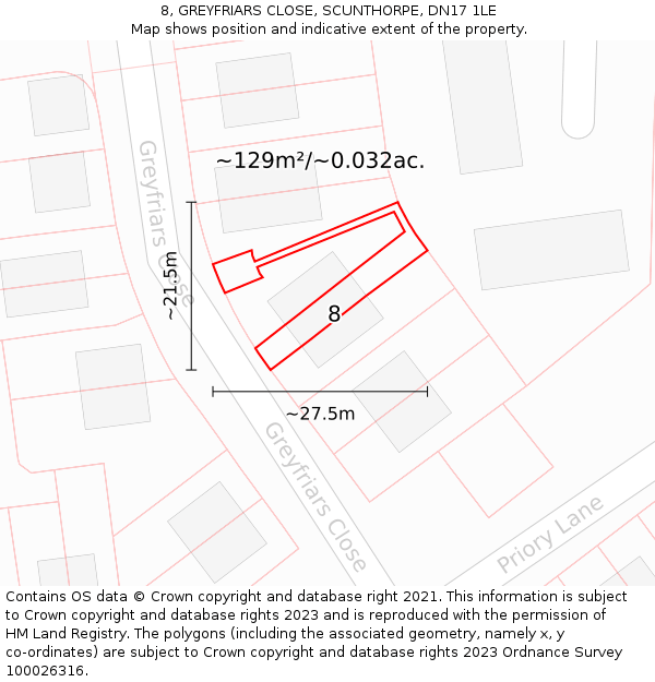 8, GREYFRIARS CLOSE, SCUNTHORPE, DN17 1LE: Plot and title map