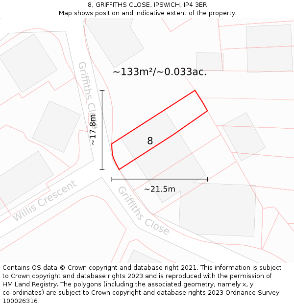 8, GRIFFITHS CLOSE, IPSWICH, IP4 3ER: Plot and title map