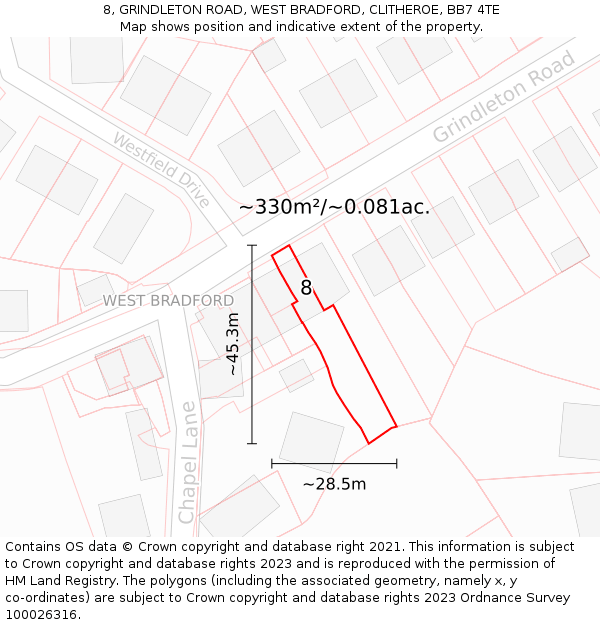 8, GRINDLETON ROAD, WEST BRADFORD, CLITHEROE, BB7 4TE: Plot and title map