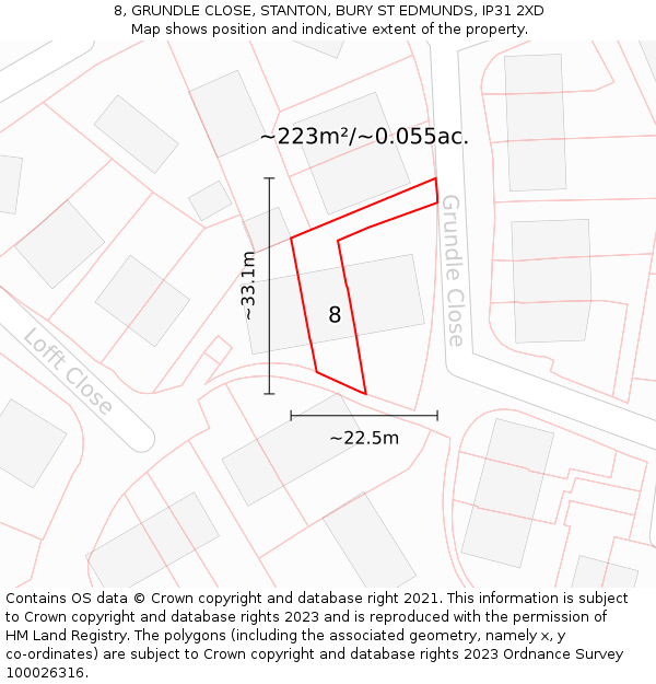 8, GRUNDLE CLOSE, STANTON, BURY ST EDMUNDS, IP31 2XD: Plot and title map