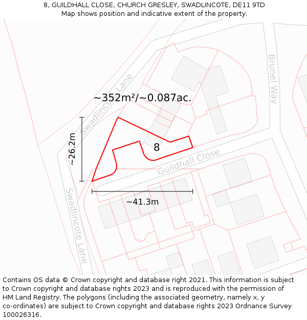 8, GUILDHALL CLOSE, CHURCH GRESLEY, SWADLINCOTE, DE11 9TD: Plot and title map