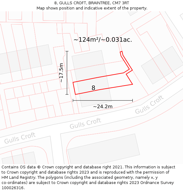 8, GULLS CROFT, BRAINTREE, CM7 3RT: Plot and title map