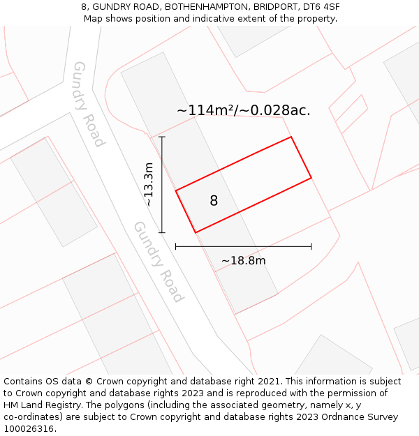 8, GUNDRY ROAD, BOTHENHAMPTON, BRIDPORT, DT6 4SF: Plot and title map