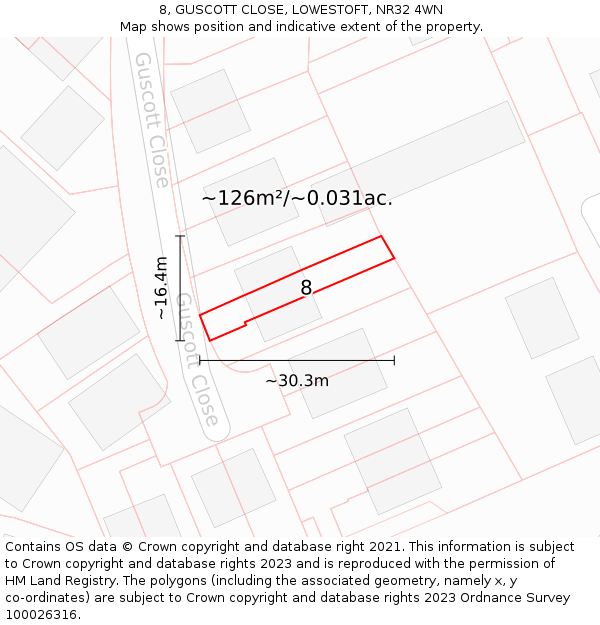 8, GUSCOTT CLOSE, LOWESTOFT, NR32 4WN: Plot and title map