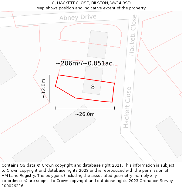 8, HACKETT CLOSE, BILSTON, WV14 9SD: Plot and title map