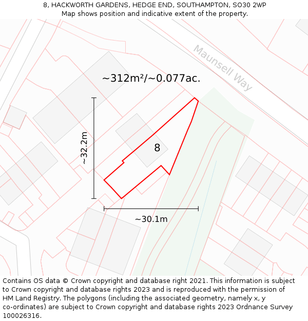 8, HACKWORTH GARDENS, HEDGE END, SOUTHAMPTON, SO30 2WP: Plot and title map