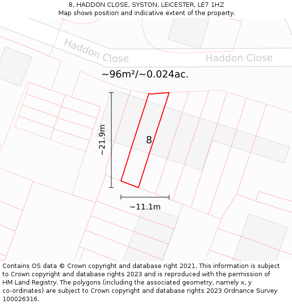 8, HADDON CLOSE, SYSTON, LEICESTER, LE7 1HZ: Plot and title map