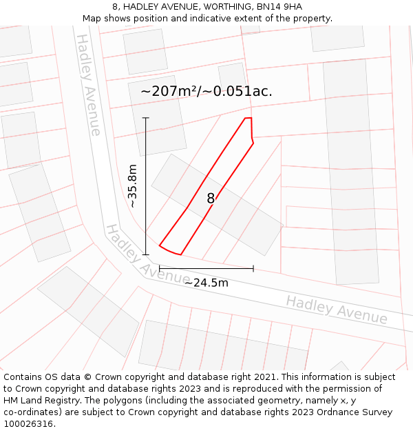 8, HADLEY AVENUE, WORTHING, BN14 9HA: Plot and title map