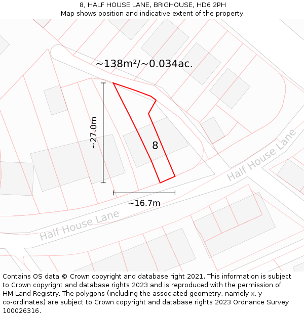 8, HALF HOUSE LANE, BRIGHOUSE, HD6 2PH: Plot and title map
