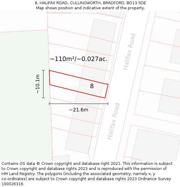 8, HALIFAX ROAD, CULLINGWORTH, BRADFORD, BD13 5DE: Plot and title map