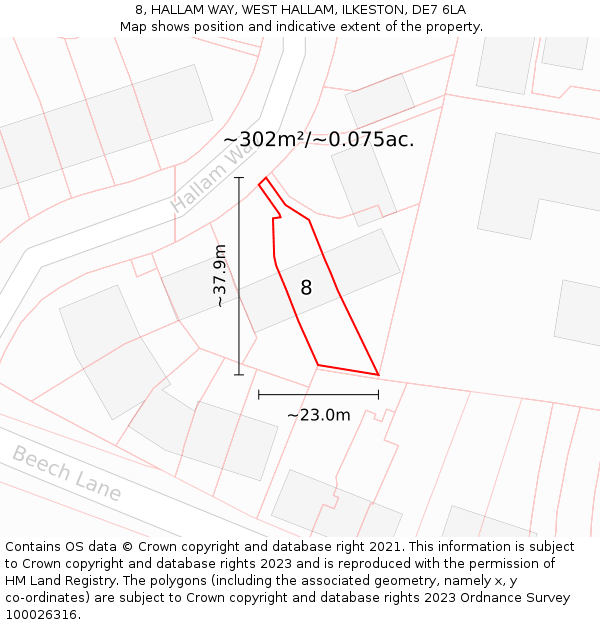 8, HALLAM WAY, WEST HALLAM, ILKESTON, DE7 6LA: Plot and title map