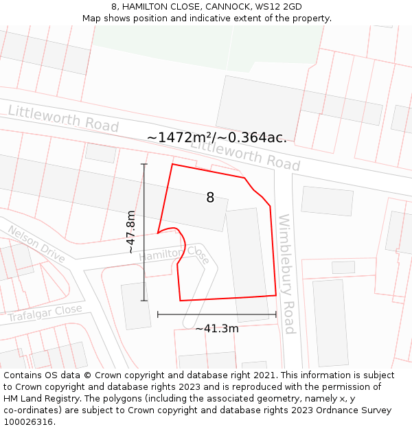 8, HAMILTON CLOSE, CANNOCK, WS12 2GD: Plot and title map