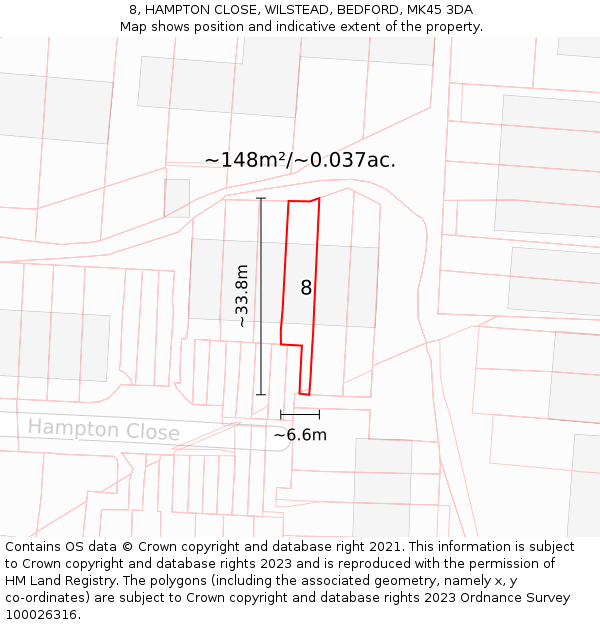 8, HAMPTON CLOSE, WILSTEAD, BEDFORD, MK45 3DA: Plot and title map