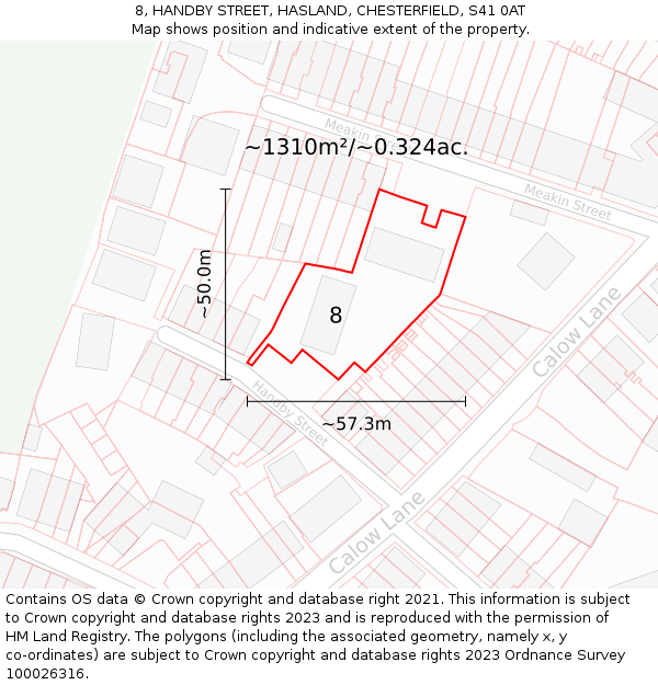 8, HANDBY STREET, HASLAND, CHESTERFIELD, S41 0AT: Plot and title map