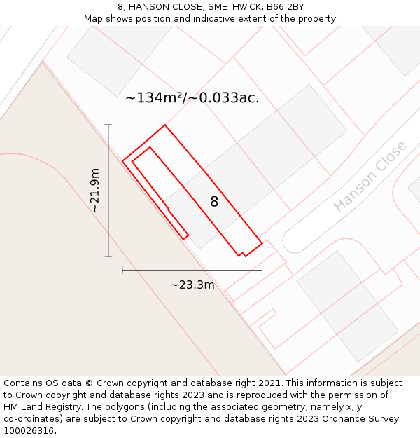 8, HANSON CLOSE, SMETHWICK, B66 2BY: Plot and title map