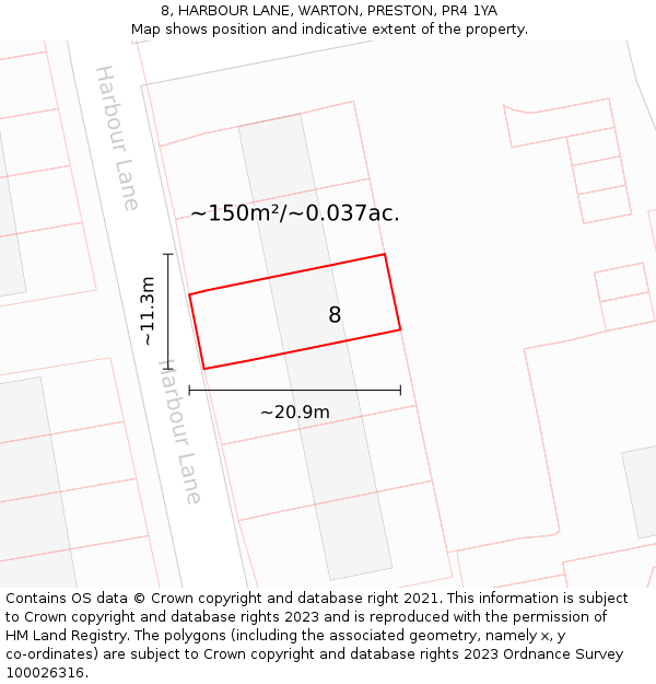 8, HARBOUR LANE, WARTON, PRESTON, PR4 1YA: Plot and title map