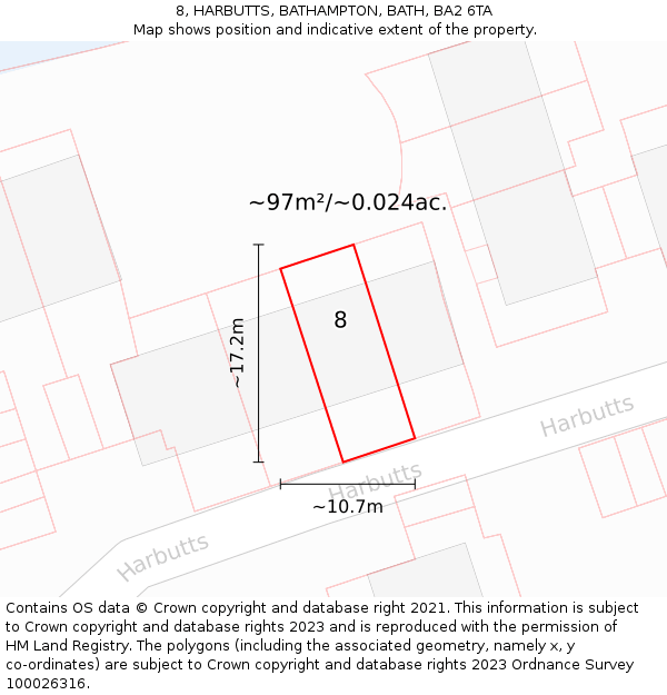 8, HARBUTTS, BATHAMPTON, BATH, BA2 6TA: Plot and title map