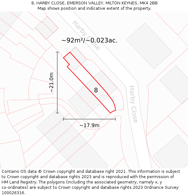 8, HARBY CLOSE, EMERSON VALLEY, MILTON KEYNES, MK4 2BB: Plot and title map