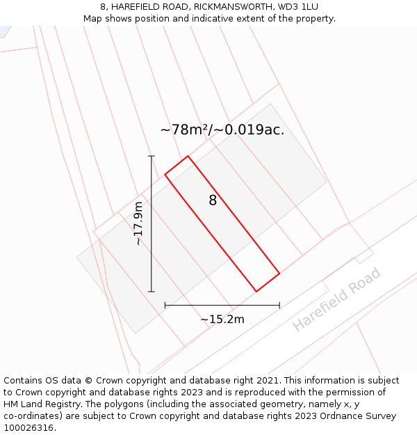8, HAREFIELD ROAD, RICKMANSWORTH, WD3 1LU: Plot and title map