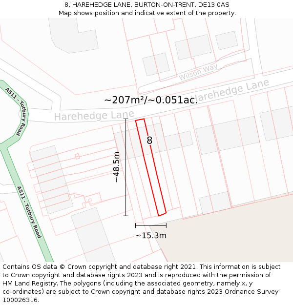 8, HAREHEDGE LANE, BURTON-ON-TRENT, DE13 0AS: Plot and title map