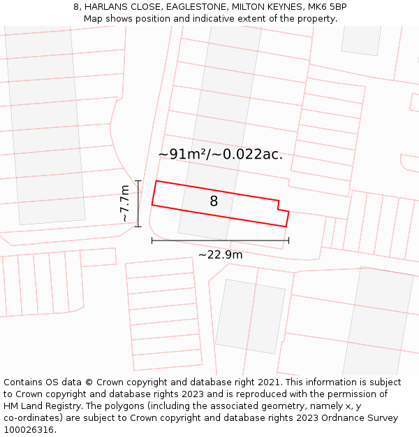 8, HARLANS CLOSE, EAGLESTONE, MILTON KEYNES, MK6 5BP: Plot and title map