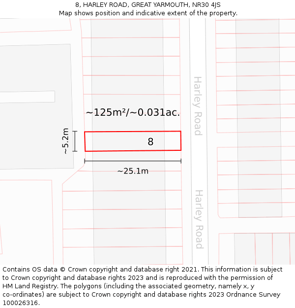 8, HARLEY ROAD, GREAT YARMOUTH, NR30 4JS: Plot and title map