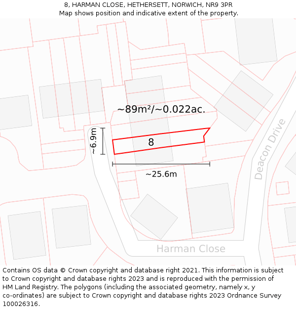 8, HARMAN CLOSE, HETHERSETT, NORWICH, NR9 3PR: Plot and title map