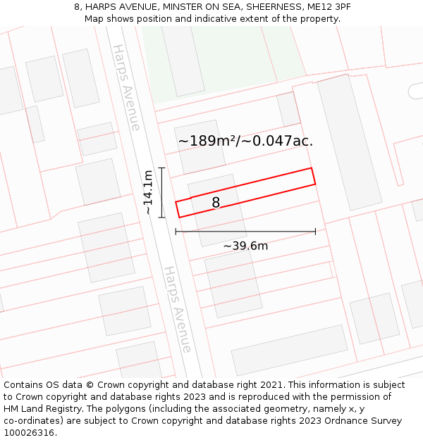 8, HARPS AVENUE, MINSTER ON SEA, SHEERNESS, ME12 3PF: Plot and title map