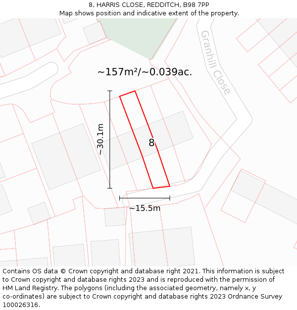 8, HARRIS CLOSE, REDDITCH, B98 7PP: Plot and title map