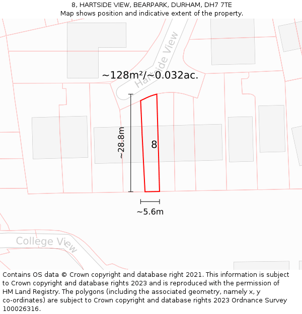 8, HARTSIDE VIEW, BEARPARK, DURHAM, DH7 7TE: Plot and title map