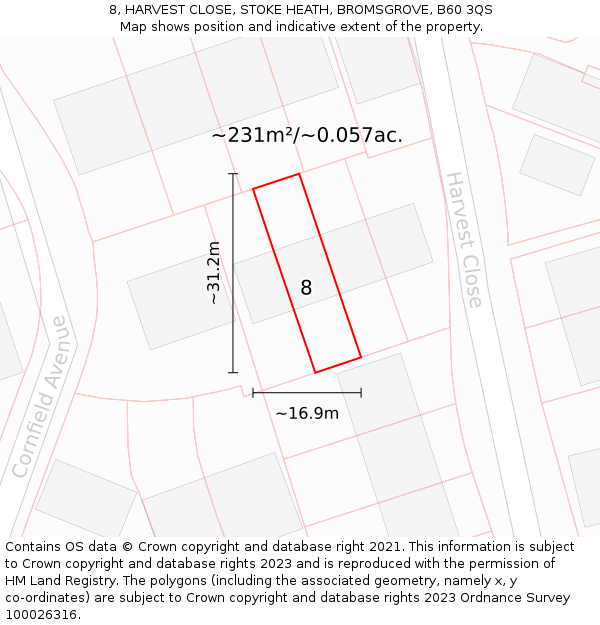 8, HARVEST CLOSE, STOKE HEATH, BROMSGROVE, B60 3QS: Plot and title map
