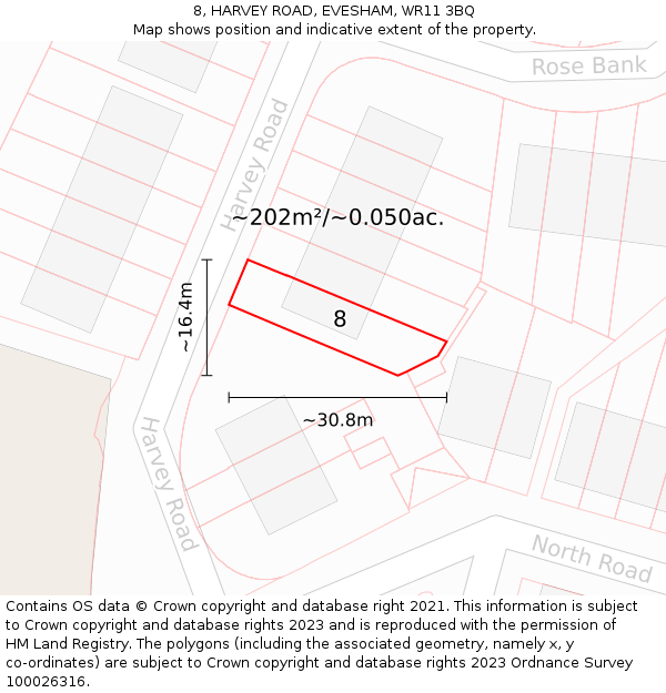 8, HARVEY ROAD, EVESHAM, WR11 3BQ: Plot and title map