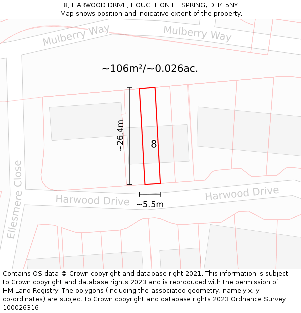 8, HARWOOD DRIVE, HOUGHTON LE SPRING, DH4 5NY: Plot and title map